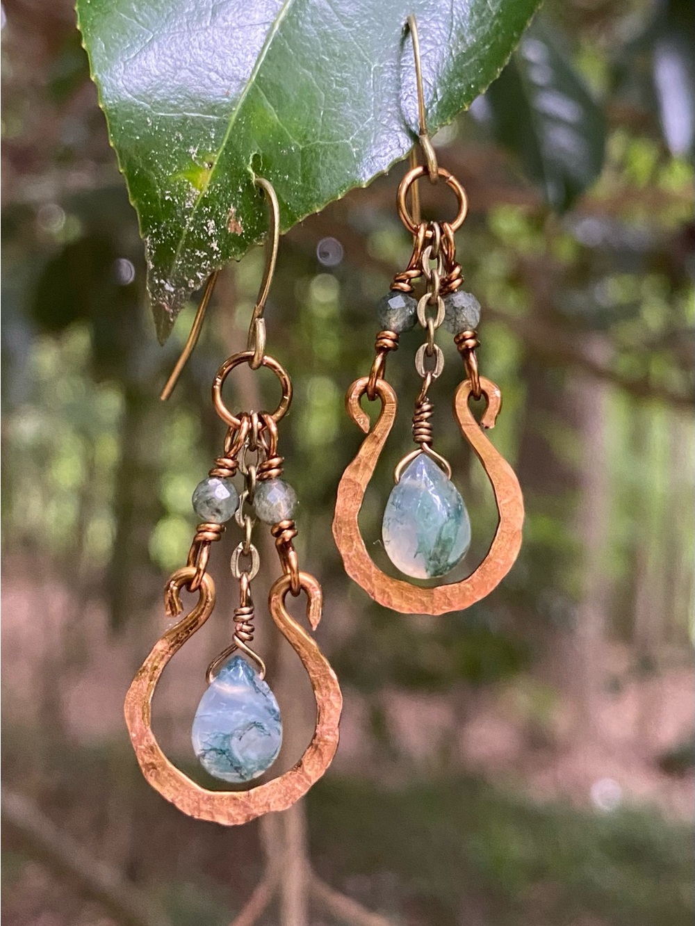 Moss Agate Teardrop Hoops